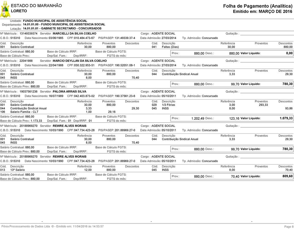 37-4 Data Admissão: 27/03/2014 Nº Matrícula : 22041988 Servidor :MARCIO DEYLLAN DA SILVA COELHO 880,00 Valor Líquido: 045 INSS 70,40 Data Nascimento: 22/04/1988 CPF:030.322.953-51 PIS/PASEP: 190.