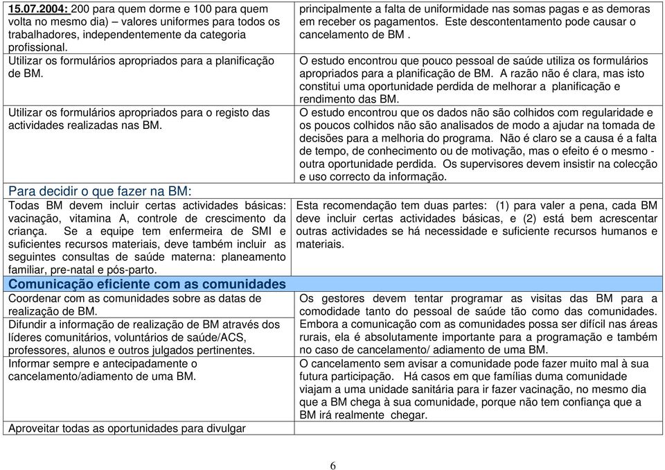 Para decidir o que fazer na BM: Todas BM devem incluir certas actividades básicas: vacinação, vitamina A, controle de crescimento da criança.