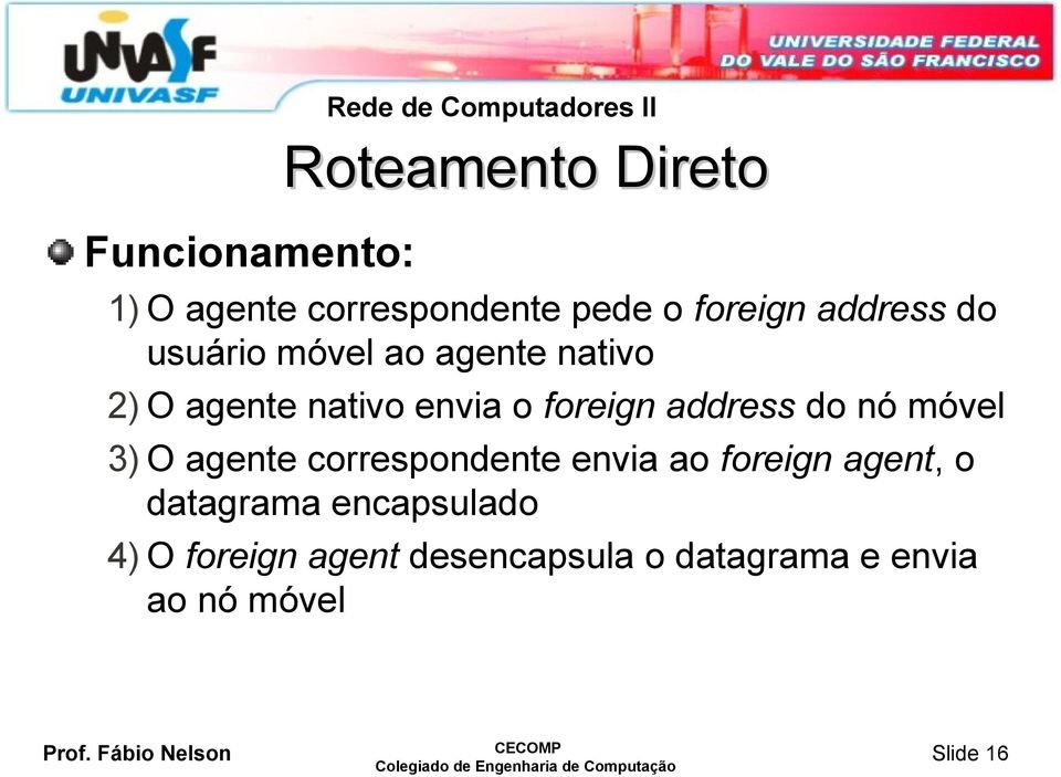 foreign address do nó móvel 3) O agente correspondente envia ao foreign agent, o