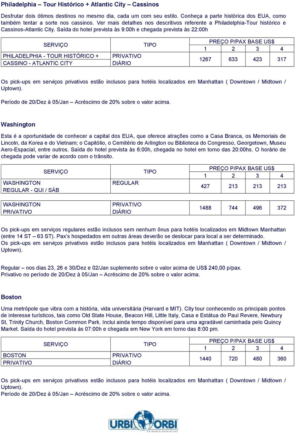 Saída do hotel prevista às 9:00h e chegada prevista às 22:00h PHILADELPHIA - TOUR HISTÓRICO + CASSINO - ATLANTIC CITY 1267 633 423 317 Período de 20/Dez à 05/Jan Acréscimo de 20% sobre o valor acima.