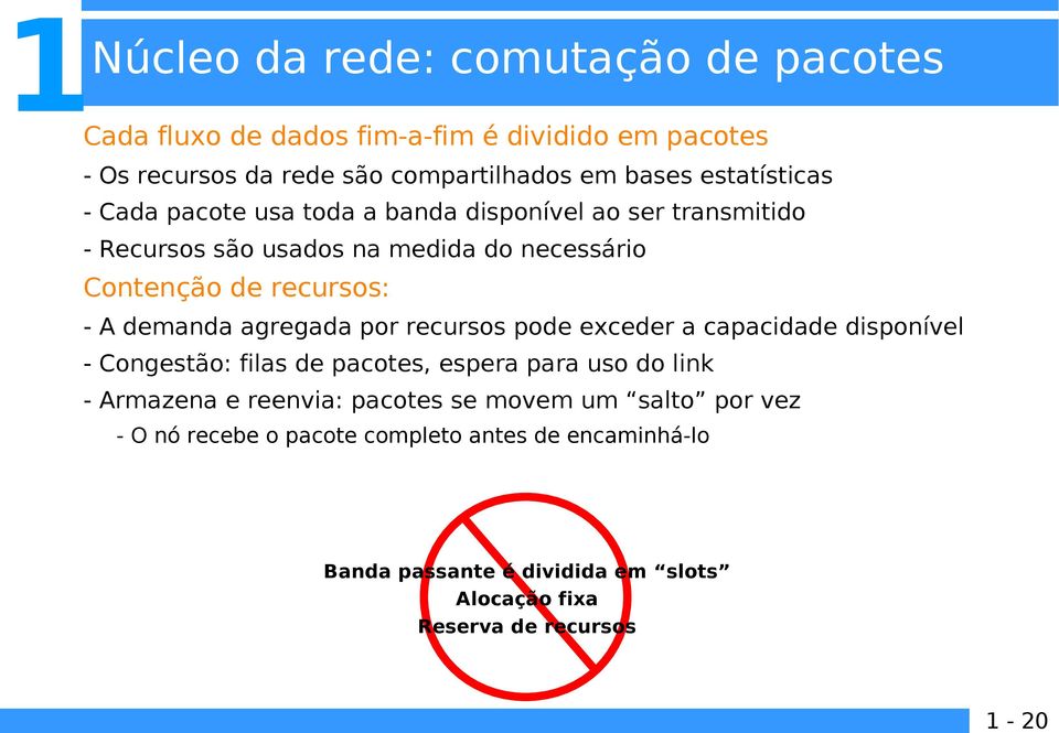 demanda agregada por recursos pode exceder a capacidade disponível - Congestão: filas de pacotes, espera para uso do link - Armazena e reenvia: