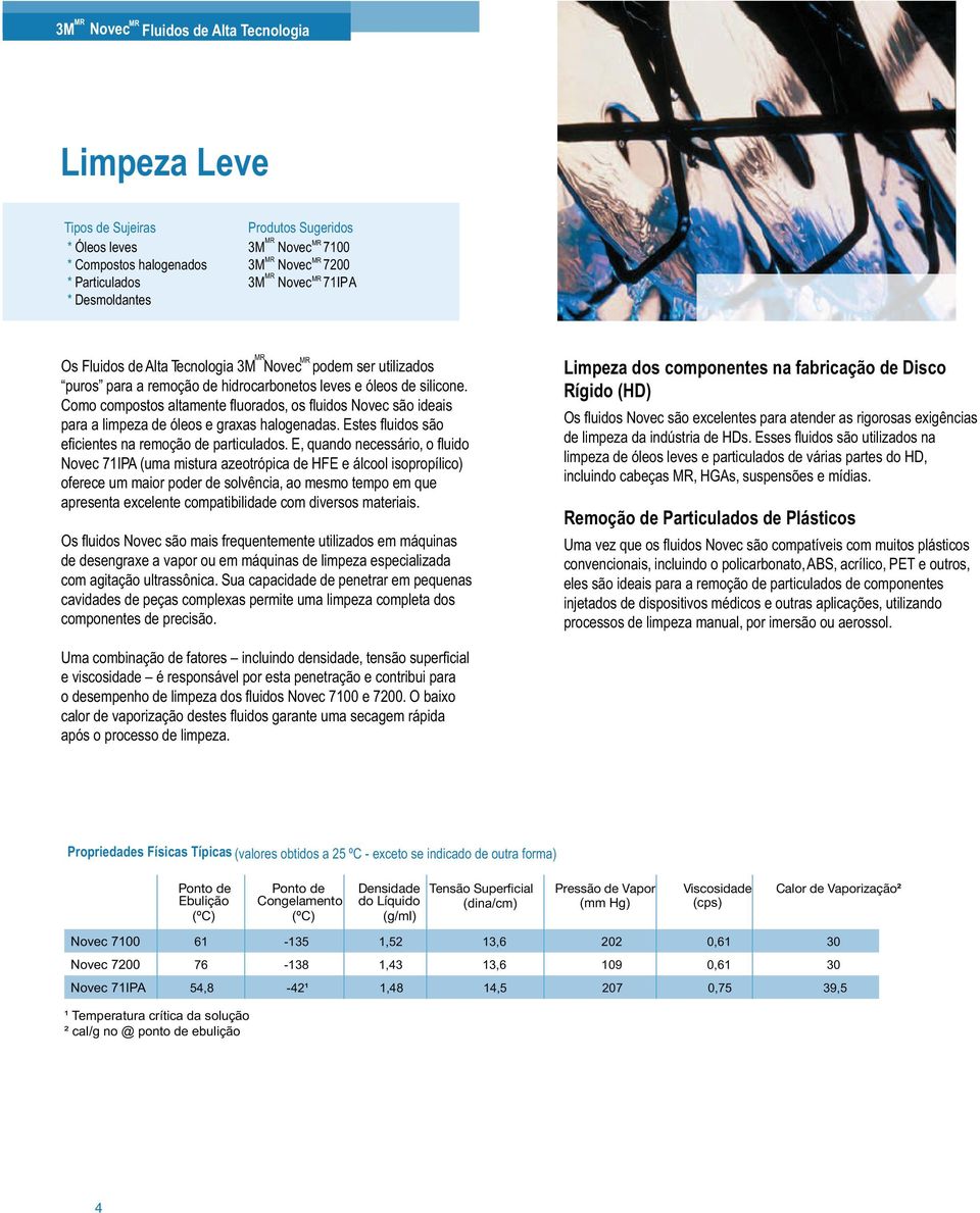 Como compostos altamente fluorados, os fluidos Novec são ideais para a limpeza de óleos e graxas halogenadas. Estes fluidos são eficientes na remoção de particulados.