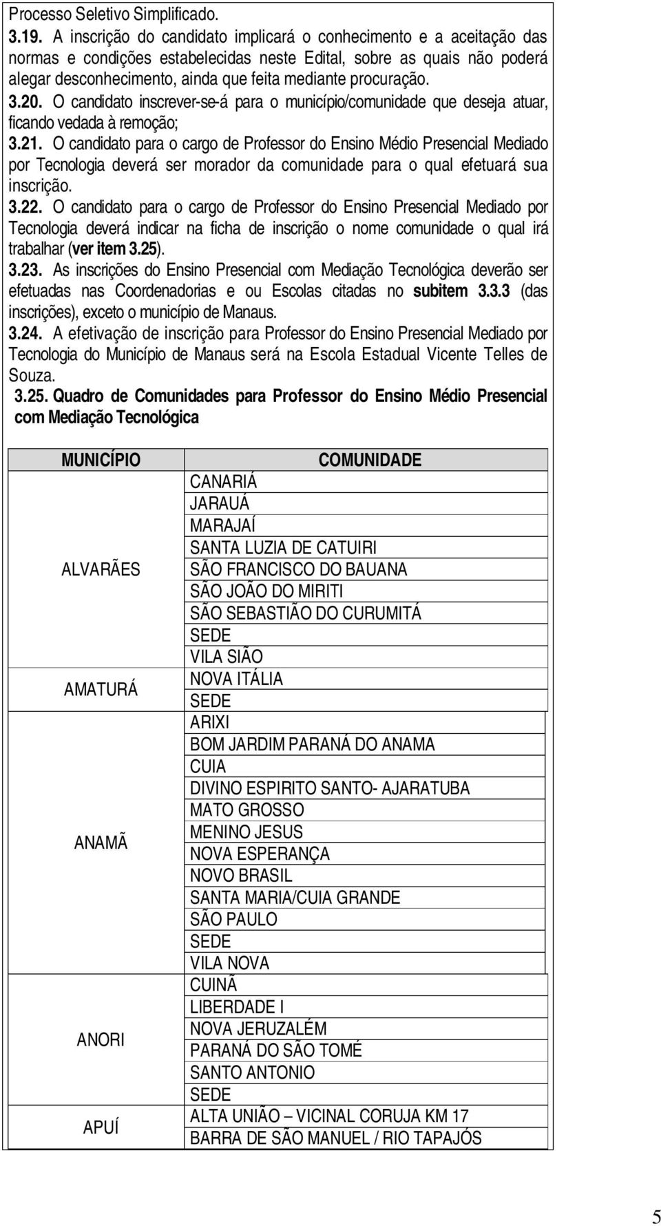 procuração. 3.20. O candidato inscrever-se-á para o município/comunidade que deseja atuar, ficando vedada à remoção; 3.21.