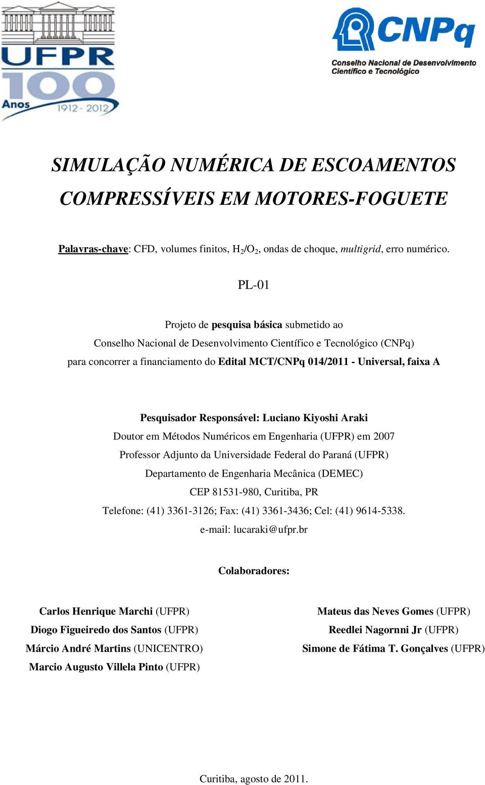 Pesquisador Responsável: Luciano Kiyoshi Araki Doutor em Métodos Numéricos em Engenharia (UFPR) em 2007 Professor Adjunto da Universidade Federal do Paraná (UFPR) Departamento de Engenharia Mecânica