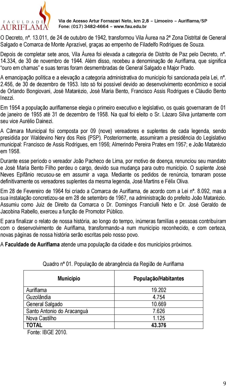 Além disso, recebeu a denominação de Auriflama, que significa ouro em chamas e suas terras foram desmembradas de General Salgado e Major Prado.