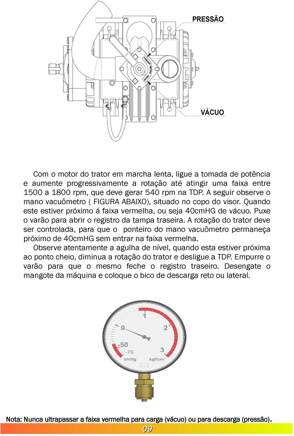 Puxe o varão para abrir o registro da tampa traseira. A rotação do trator deve ser controlada, para que o ponteiro do mano vacuômetro permaneça próximo de 40cmHG sem entrar na faixa vermelha.