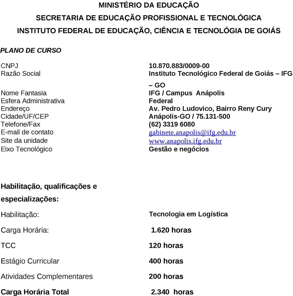 Pedro Ludovico, Bairro Reny Cury Cidade/UF/CEP Anápolis-GO / 75.131-500 Telefone/Fax (62) 3319 6080 E-mail de contato gabinete.anapolis@ifg.edu.