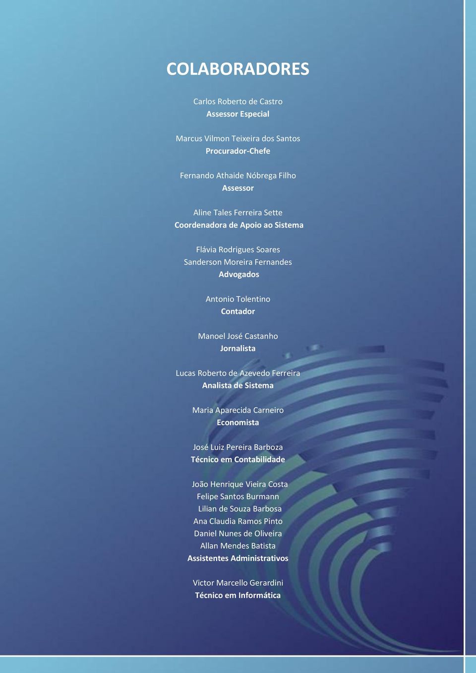 Roberto de Azevedo Ferreira Analista de Sistema Maria Aparecida Carneiro Economista José Luiz Pereira Barboza Técnico em Contabilidade João Henrique Vieira Costa Felipe