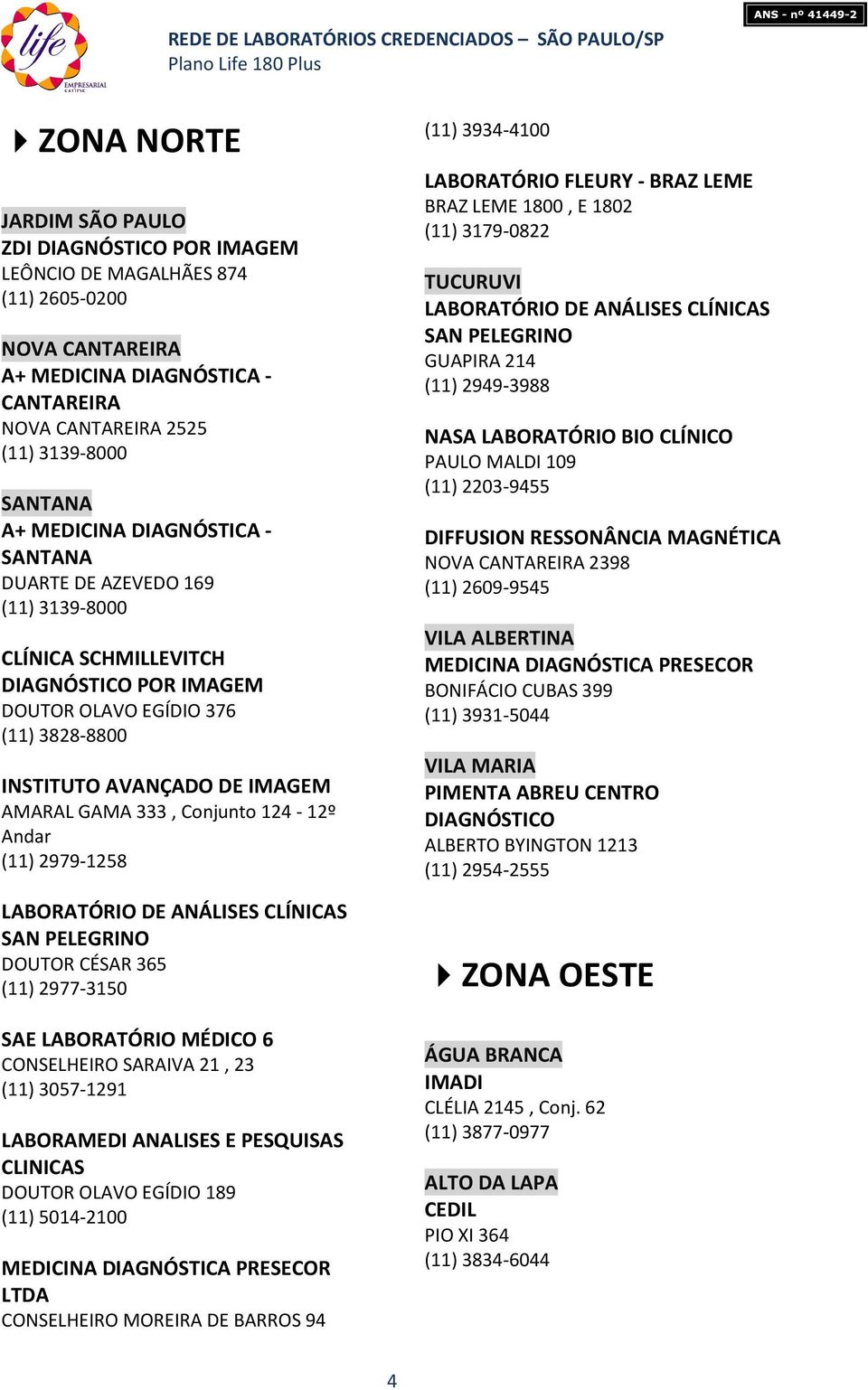 SARAIVA 21, 23 DOUTOR OLAVO EGÍDIO 189 MEDICINA DIAGNÓSTICA PRESECOR LTDA CONSELHEIRO MOREIRA DE BARROS 94 (11) 3934-4100 LABORATÓRIO FLEURY - BRAZ LEME BRAZ LEME 1800, E 1802 TUCURUVI LABORATÓRIO DE