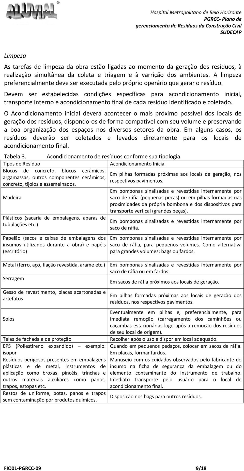 Devem ser estabelecidas condições específicas para acondicionamento inicial, transporte interno e acondicionamento final de cada resíduo identificado e coletado.