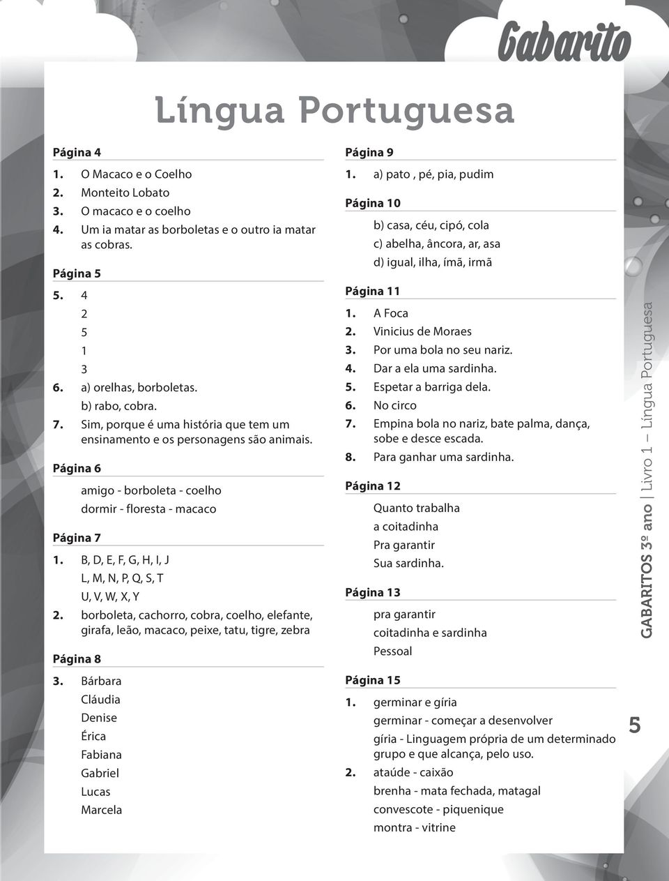 B, D, E, F, G, H, I, J L, M, N, P, Q, S, T U, V, W, X, Y 2. borboleta, cachorro, cobra, coelho, elefante, girafa, leão, macaco, peie, tatu, tigre, zebra Página 8 3.