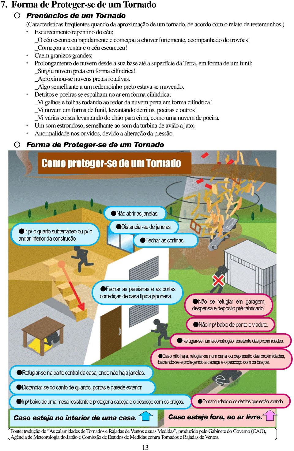 Caem granizos grandes; Prolongamento de nuvem desde a sua base até a superfície da Terra, em forma de um funil; _Surgiu nuvem preta em forma cilíndrica! _Aproximou-se nuvens pretas rotativas.