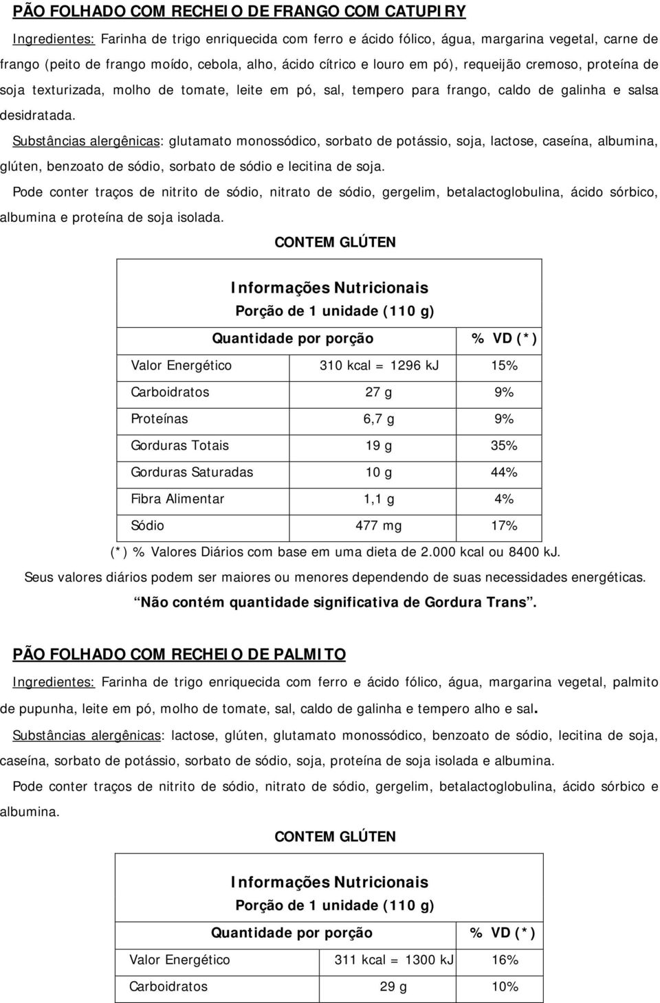 Substâncias alergênicas: glutamato monossódico, sorbato de potássio, soja, lactose, caseína, albumina, glúten, benzoato de sódio, sorbato de sódio e lecitina de soja.