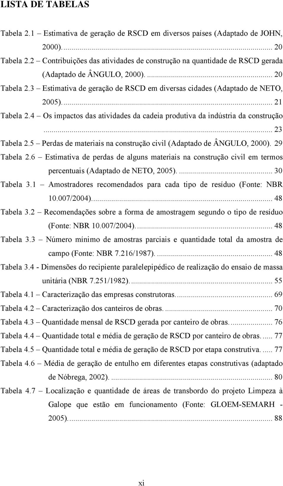 .. 21 Tabela 2.4 Os impactos das atividades da cadeia produtiva da indústria da construção... 23 Tabela 2.5 Perdas de materiais na construção civil (Adaptado de ÂNGULO, 2000). 29 Tabela 2.