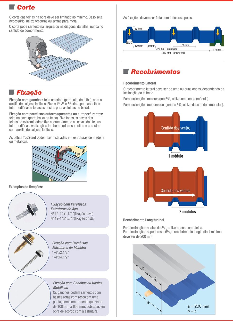 32 mm 28 mm 1 60 mm 180 mm 7 - largura útil 830 mm - largura total 110 mm Recobrimentos Fixação Fixação com ganchos: feita na crista (parte alta da telha), com o auxílio de calços plásticos.