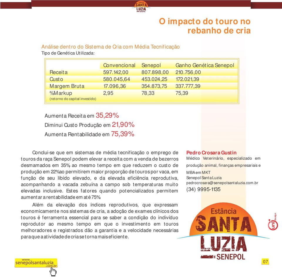 777,39 % Markup 2,95 78,33 75,39 (retorno do capital investido) Aumenta Receita em Diminui Custo Produção em Aumenta Rentabilidade em 35,29% 21,90% 75,39% Conclui-se que em sistemas de média