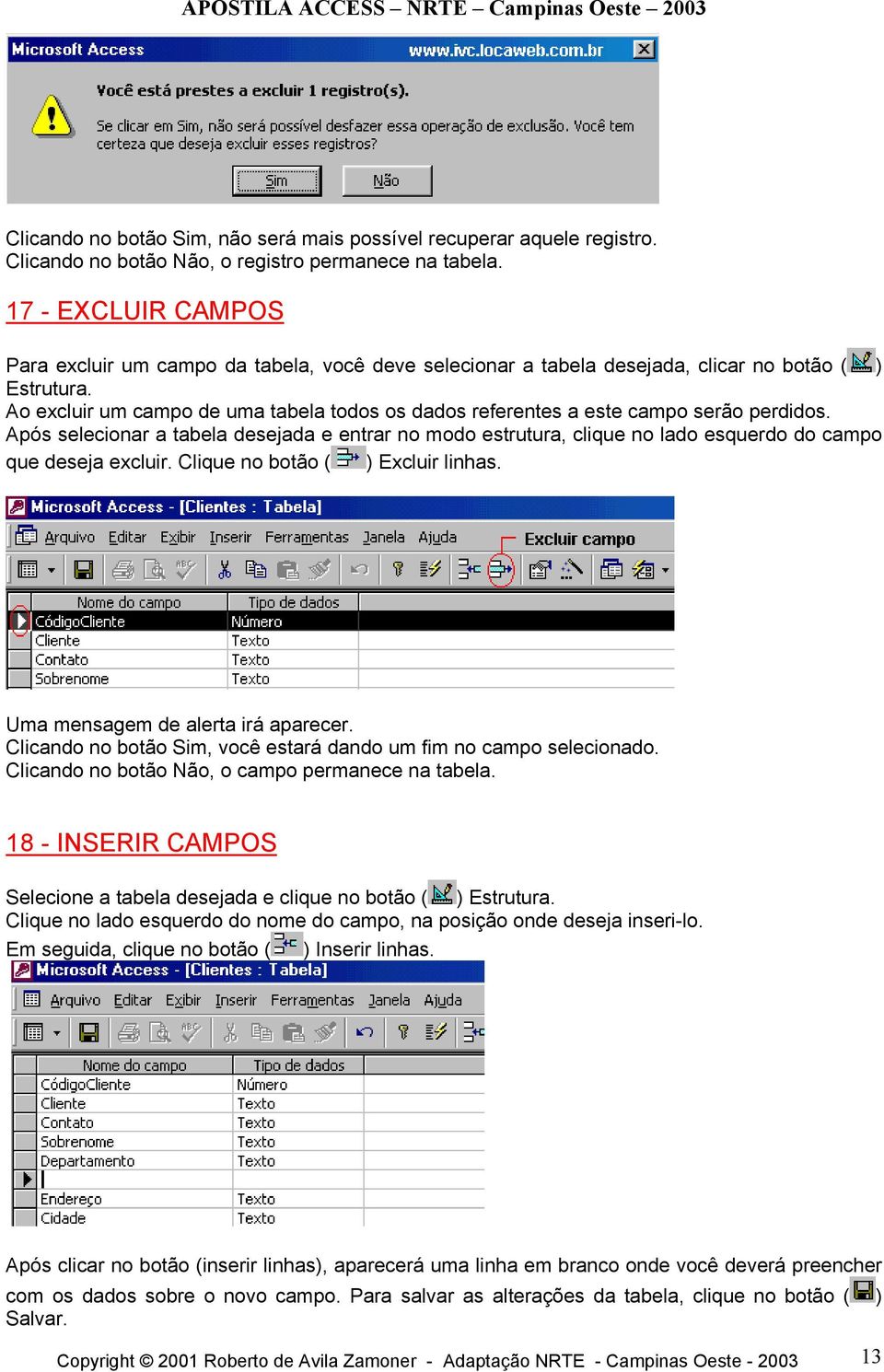 Ao excluir um campo de uma tabela todos os dados referentes a este campo serão perdidos.