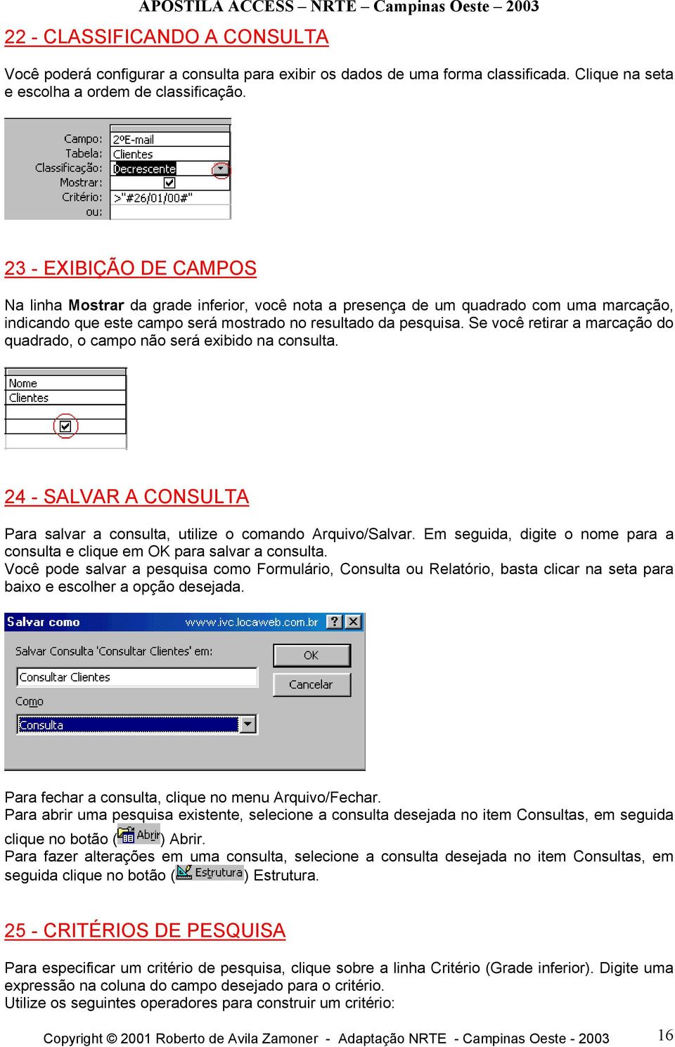 Se você retirar a marcação do quadrado, o campo não será exibido na consulta. 24 - SALVAR A CONSULTA Para salvar a consulta, utilize o comando Arquivo/Salvar.