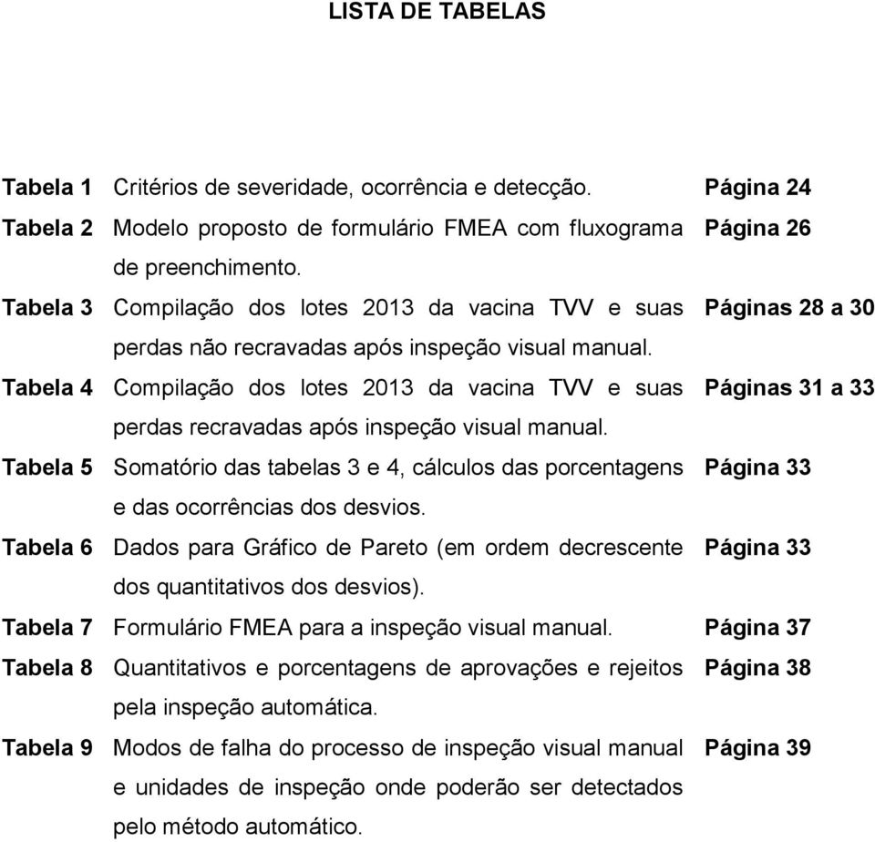 Tabela 4 Compilação dos lotes 2013 da vacina TVV e suas Páginas 31 a 33 perdas recravadas após inspeção visual manual.