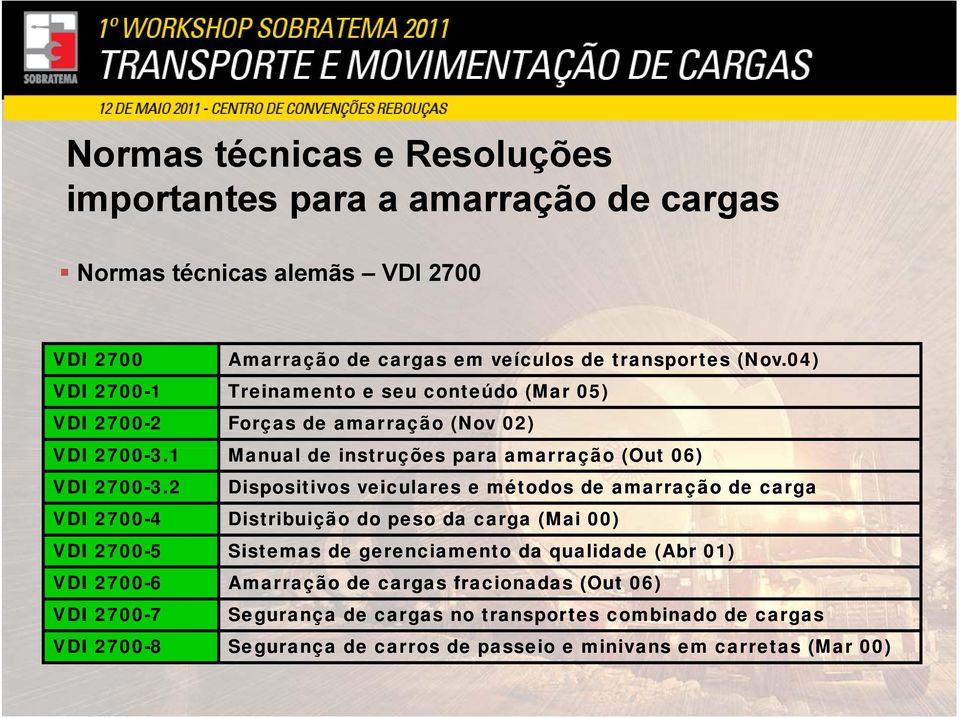 2 Dispositivos veiculares e métodos de amarração de carga VDI 2700-4 Distribuição do peso da carga (Mai 00) VDI 2700-5 Sistemas de gerenciamento da qualidade (Abr 01) VDI