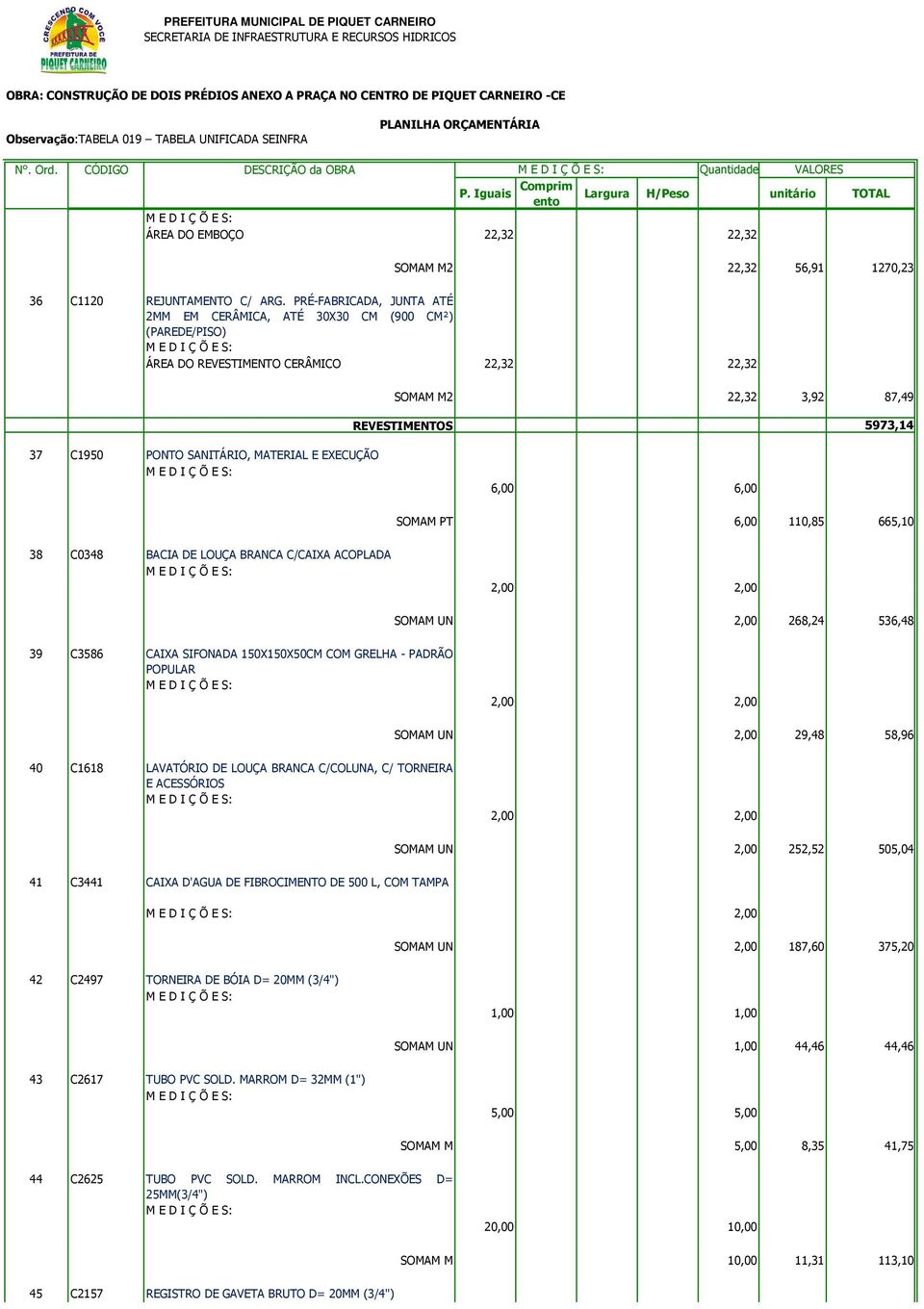 MATERIAL E EXECUÇÃO 6,00 6,00 SOMAM PT 6,00 110,85 665,10 38 C0348 BACIA DE LOUÇA BRANCA C/CAIXA ACOPLADA SOMAM UN 2,00 268,24 536,48 39 C3586 CAIXA SIFONADA 150X150X50CM COM GRELHA - PADRÃO POPULAR