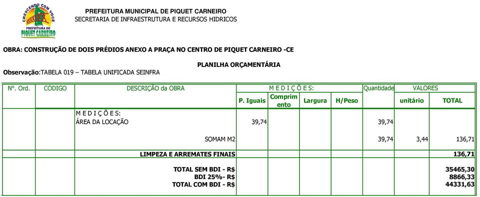 LOCAÇÃO 39,74 39,74 SOMAM M2 39,74 3,44 136,71