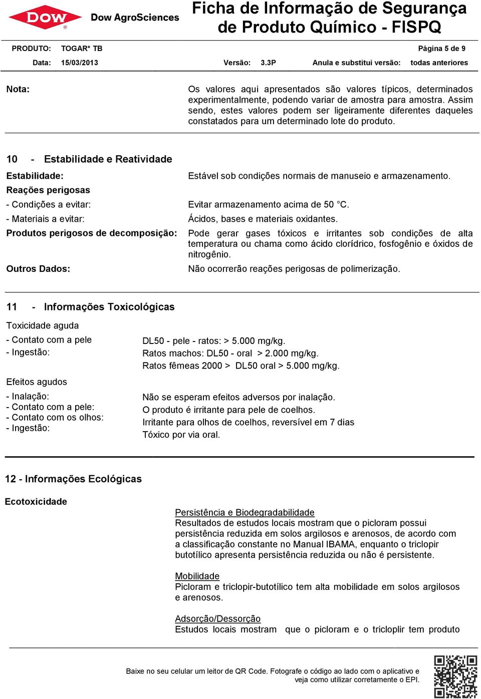 10 - Estabilidade e Reatividade Estabilidade: Reações perigosas - Condições a evitar: - Materiais a evitar: Produtos perigosos de decomposição: Outros Dados: Estável sob condições normais de manuseio