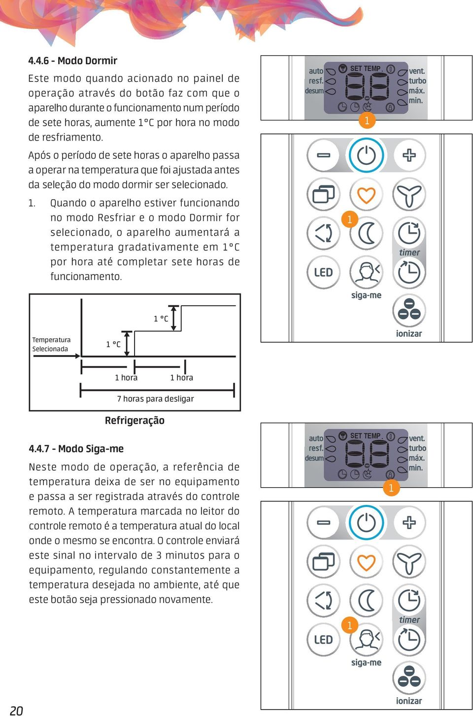 Após o período de sete horas o aparelho passa a operar na temperatura que foi ajustada antes da seleção do modo dormir ser selecionado.
