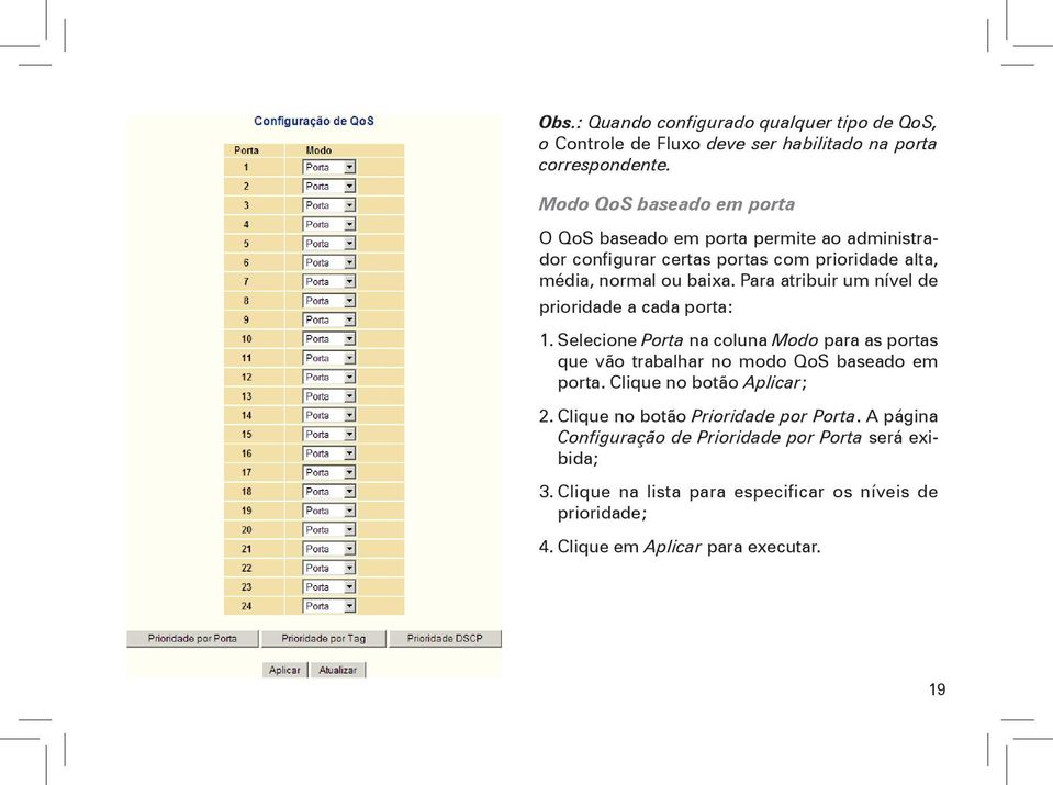 Para atribuir um nível de prioridade a cada porta: 1. Selecione Porta na coluna Modo para as portas que vão trabalhar no modo QoS baseado em porta.