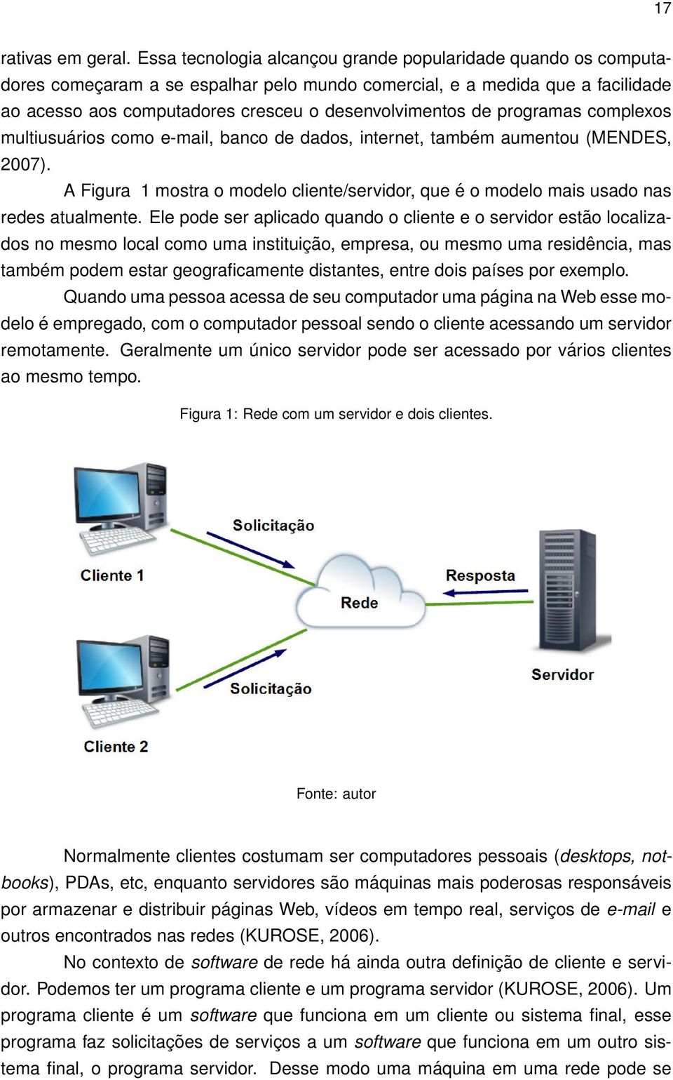programas complexos multiusuários como e-mail, banco de dados, internet, também aumentou (MENDES, 2007). A Figura 1 mostra o modelo cliente/servidor, que é o modelo mais usado nas redes atualmente.