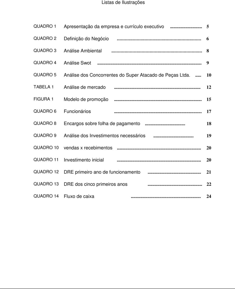 .. 12 FIGURA 1 Modelo de promoção... 15 QUADRO 6 Funcionários... 17 QUADRO 8 Encargos sobre folha de pagamento... 18 QUADRO 9 Análise dos Investimentos necessários.