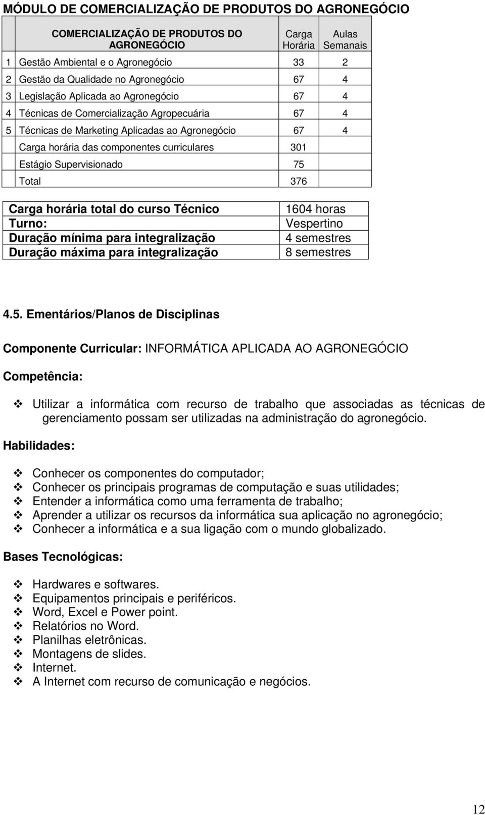 curriculares 301 Estágio Supervisionado 75 Total 376 Carga horária total do curso Técnico Turno: Duração mínima para integralização Duração máxima para integralização 1604 horas Vespertino 4