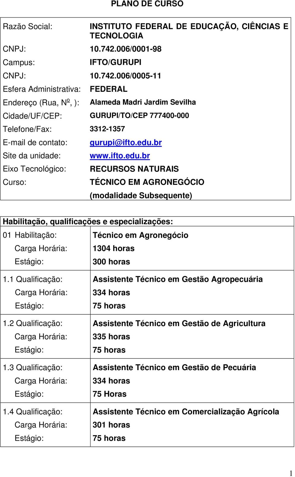 006/0005-11 Esfera Administrativa: Endereço (Rua, N o, ): FEDERAL Alameda Madri Jardim Sevilha Cidade/UF/CEP: GURUPI/TO/CEP 777400-000 Telefone/Fax: 3312-1357 E-mail de contato: Site da unidade: Eixo