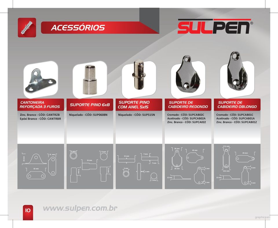 CÓD: SUPCAB02A Zinc. Branco - CÓD: SUPCA02Z Cromado - CÓD: SUPCAB01C Ace nado - CÓD: SUPCAB01A Zinc.