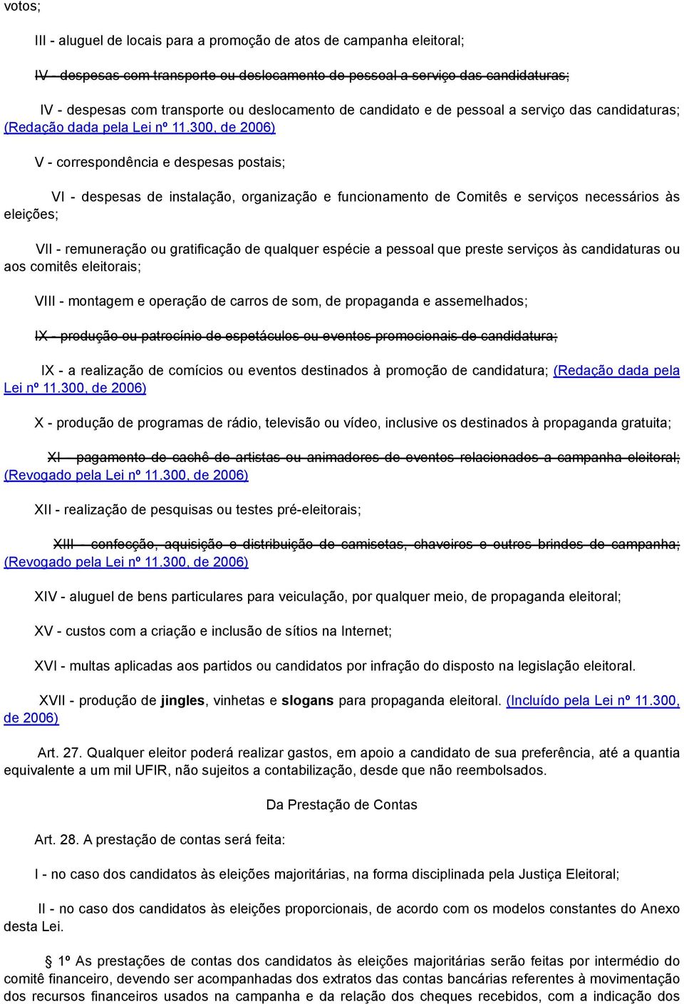 300, de 2006) V - correspondência e despesas postais; VI - despesas de instalação, organização e funcionamento de Comitês e serviços necessários às eleições; VII - remuneração ou gratificação de