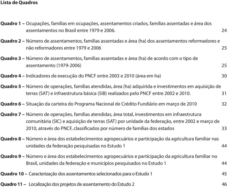 área (ha) de acordo com o tipo de assentamento (1979-2006) 25 Quadro 4 Indicadores de execução do PNCF entre 2003 e 2010 (área em ha) 30 Quadro 5 Número de operações, famílias atendidas, área (ha)