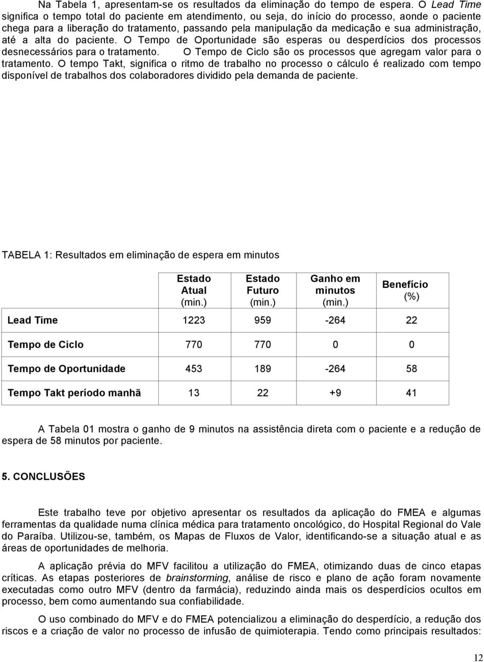 administração, até a alta do paciente. O Tempo de Oportunidade são esperas ou desperdícios dos processos desnecessários para o tratamento.