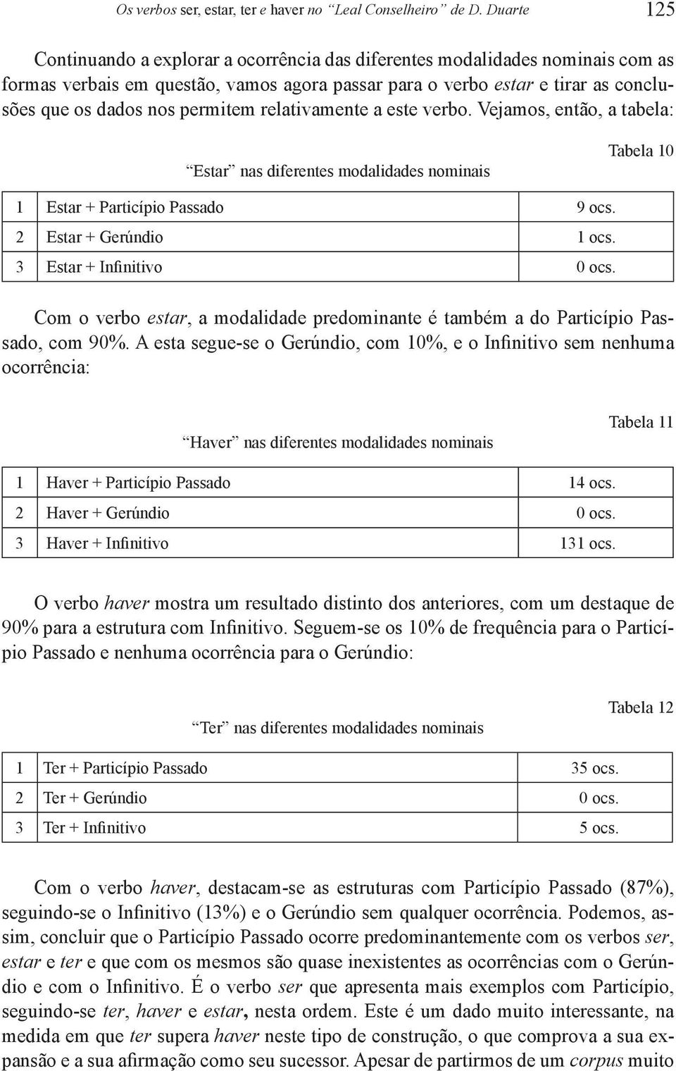 permitem relativamente a este verbo. Vejamos, então, a tabela: Estar nas diferentes modalidades nominais Tabela 10 1 Estar + Particípio Passado 9 ocs. 2 Estar + Gerúndio 1 ocs.