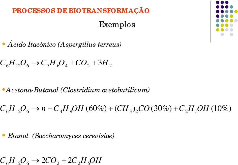 4H 9OH ( 60%) ( CH 3) 2CO (30%) C 2H 5OH Etanol (Saccharomyces cerevisiae) (10%) Tempo de Produção: 40 h