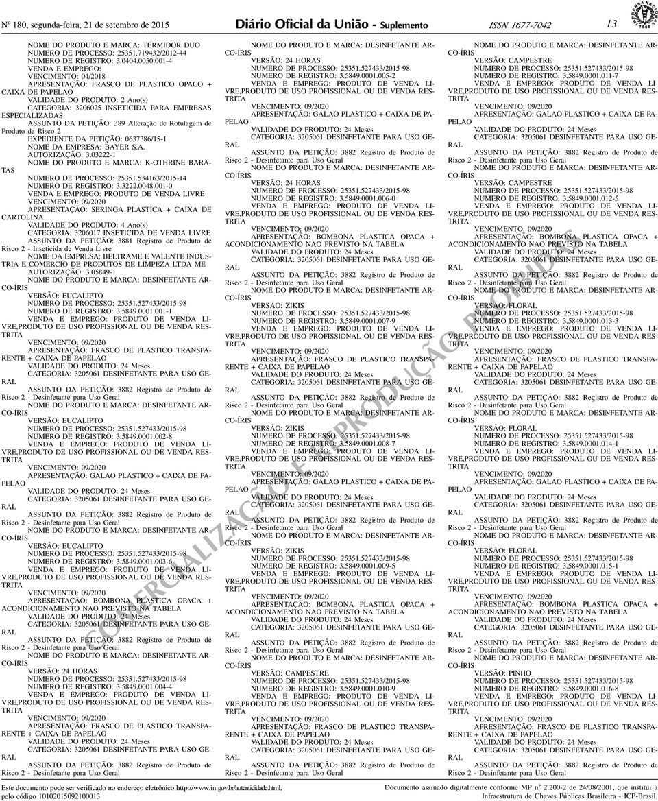 de Rotulagem de EXPEDIENTE DA PETIÇÃO: 0637386/15-1 NOME DA EMPRESA: BAYER SA AUTORIZAÇÃO: 303222-1 NOME DO PRODUTO E MARCA: K-OTHRINE BARA- TA S NUMERO DE PROCESSO: 25351534163/2015-14 NUMERO DE