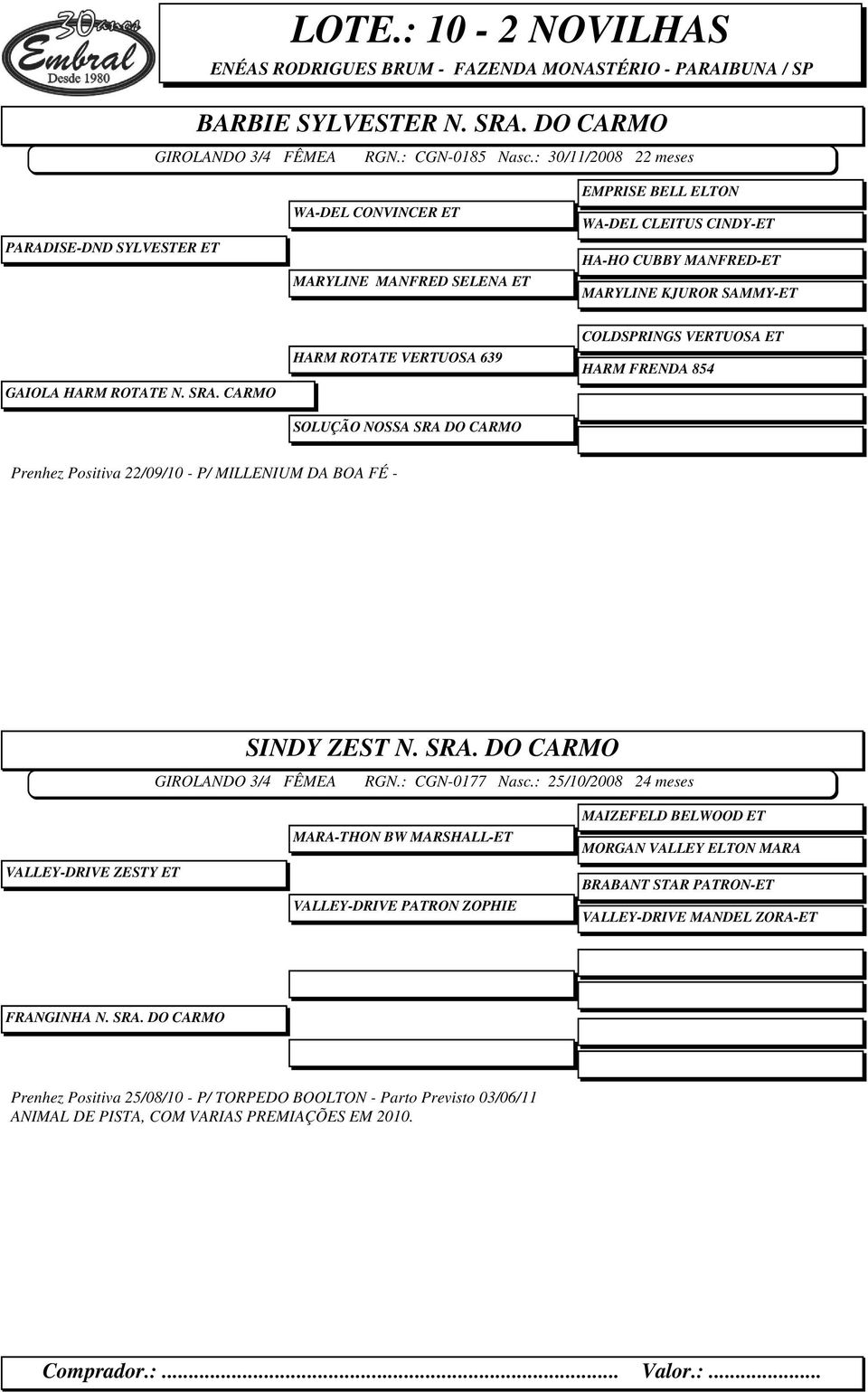 ROTATE N. SRA. CARMO HARM ROTATE VERTUOSA 639 SOLUÇÃO NOSSA SRA DO CARMO COLDSPRINGS VERTUOSA ET HARM FRENDA 854 Prenhez Positiva 22/09/10 - P/ MILLENIUM DA BOA FÉ - GIROLANDO 3/4 FÊMEA SINDY ZEST N.