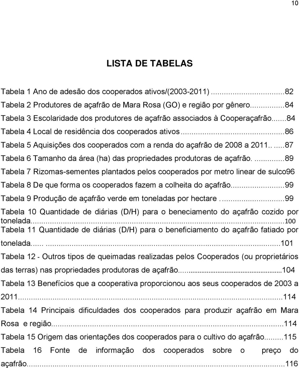 .. 86 Tabela 5 Aquisições dos cooperados com a renda do açafrão de 2008 a 2011..... 87 Tabela 6 Tamanho da área (ha) das propriedades produtoras de açafrão.