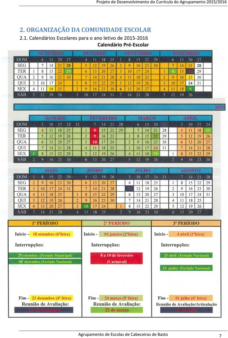 de 2015-2016 Calendário Pré-Escolar