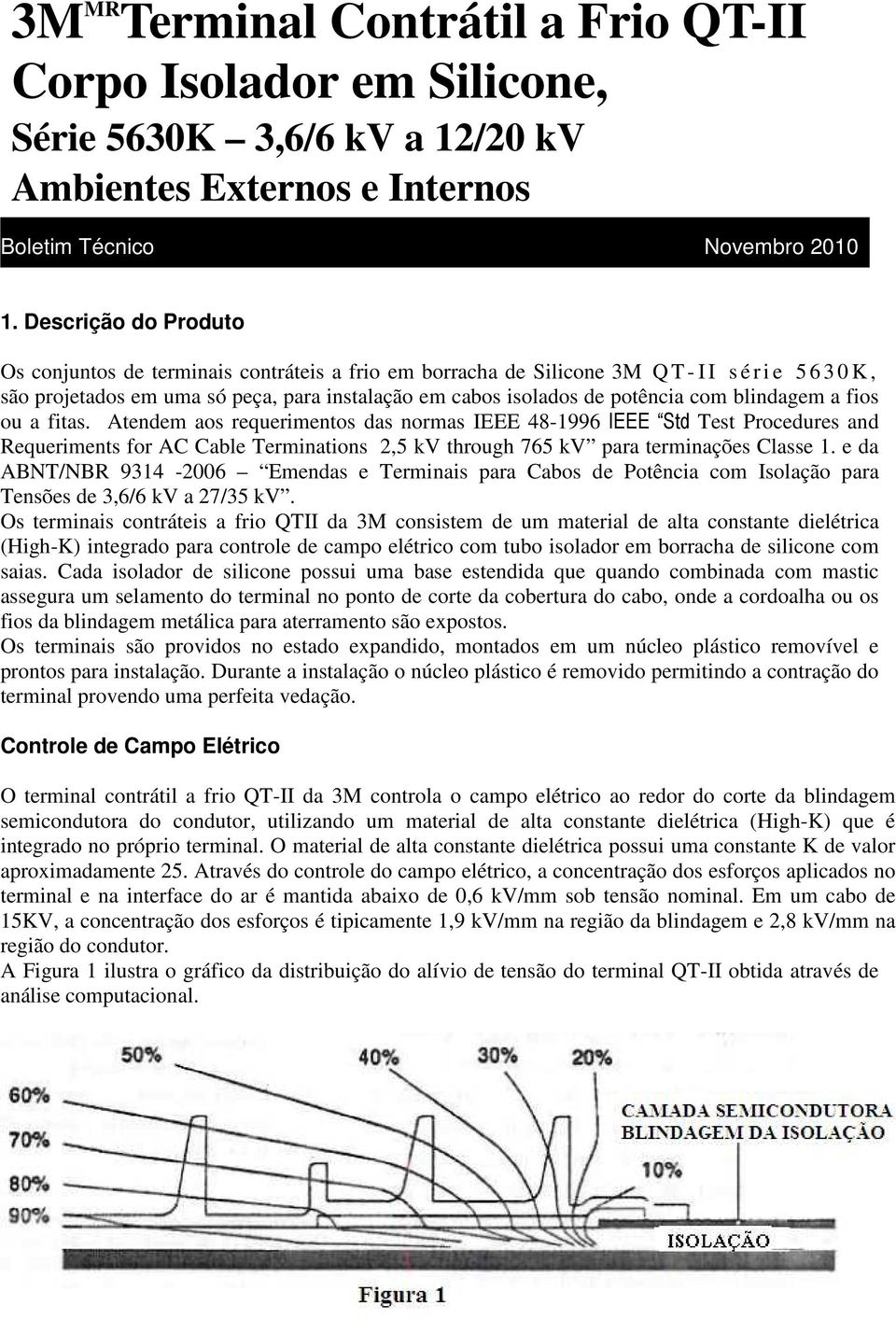 com blindagem a fios ou a fitas. Atendem aos requerimentos das normas IEEE 48-1996 IEEE Std Test Procedures and Requeriments for AC Cable Terminations 2,5 kv through 765 kv para terminações Classe 1.