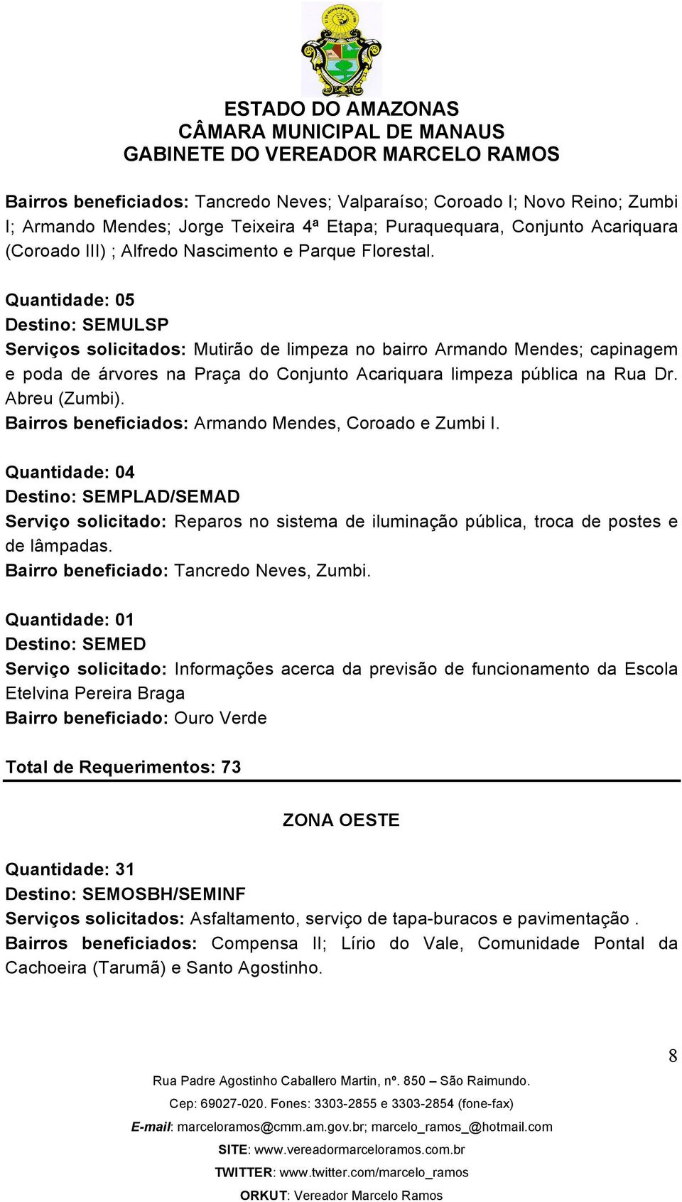 Quantidade: 05 Destino: SEMULSP Serviços solicitados: Mutirão de limpeza no bairro Armando Mendes; capinagem e poda de árvores na Praça do Conjunto Acariquara limpeza pública na Rua Dr. Abreu (Zumbi).