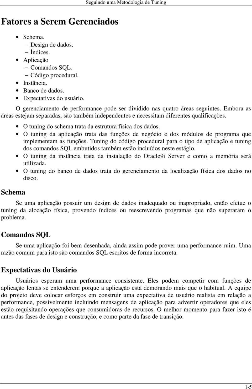 Schema O tuning do schema trata da estrutura física dos dados. O tuning da aplicação trata das funções de negócio e dos módulos de programa que implementam as funções.