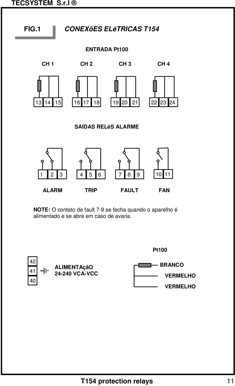 contato de fault 7-9 se fecha quando o aparelho é alimentado e se abre em caso de avaria.