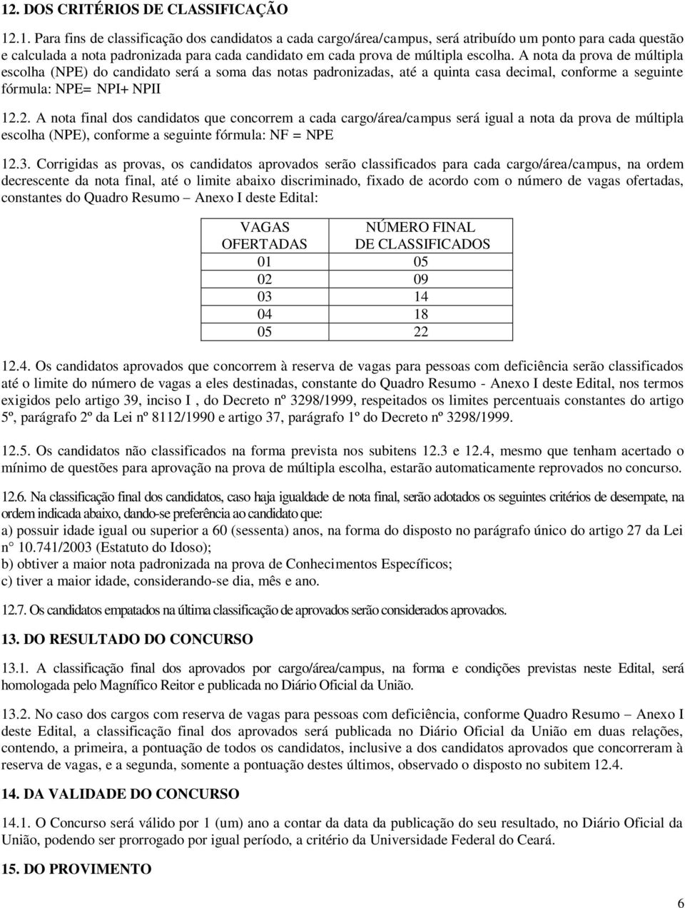 2. A nota final dos candidatos que concorrem a cada cargo/área/campus será igual a nota da prova de múltipla escolha (NPE), conforme a seguinte fórmula: NF = NPE 12.3.