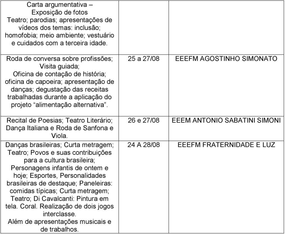 alimentação alternativa. Recital de Poesias; Teatro Literário; Dança Italiana e Roda de Sanfona e Viola.