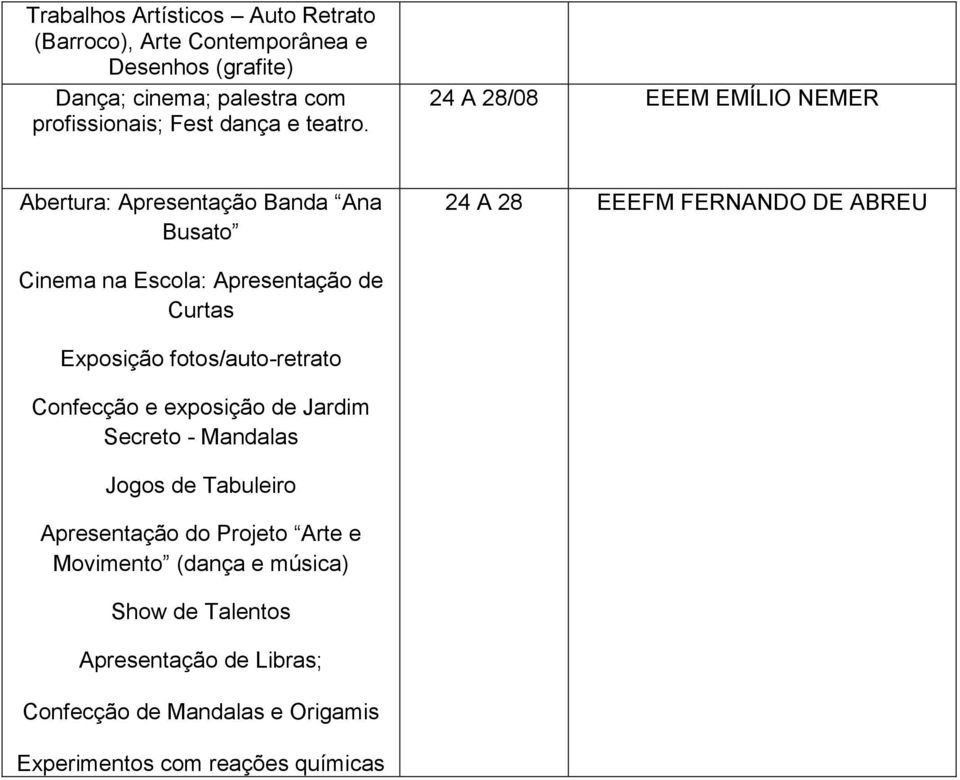 24 A 28/08 EEEM EMÍLIO NEMER Abertura: Apresentação Banda Ana Busato 24 A 28 EEEFM FERNANDO DE ABREU Cinema na Escola: Apresentação de